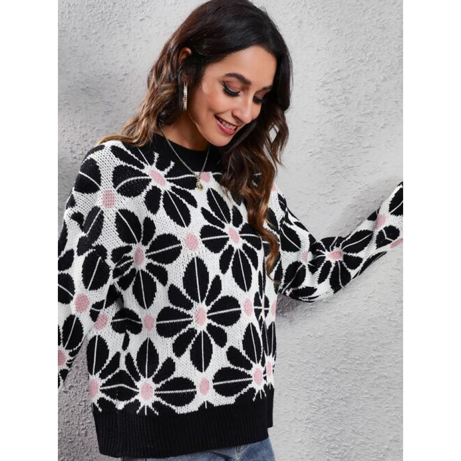 Floral Round Neck Long Sleeve Sweater