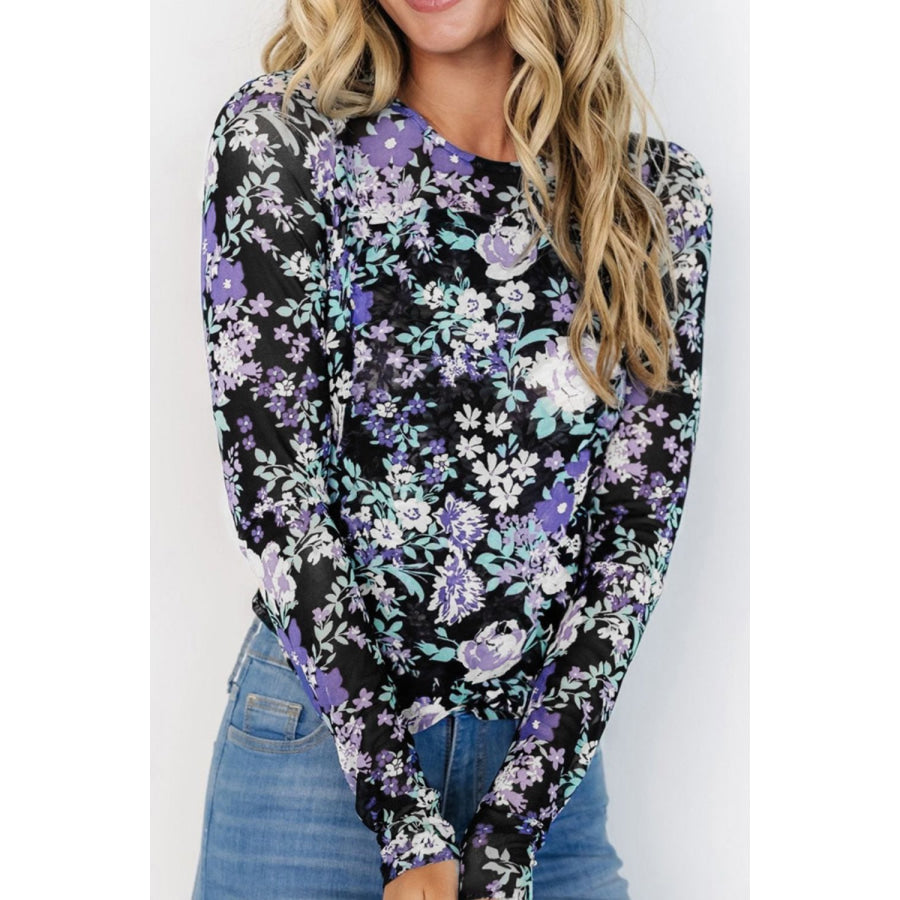 Floral Round Neck Long Sleeve T-Shirt Apparel and Accessories