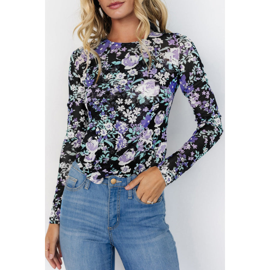 Floral Round Neck Long Sleeve T-Shirt Black / S Apparel and Accessories