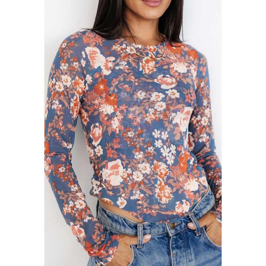 Floral Round Neck Long Sleeve T-Shirt Mauve / S Apparel and Accessories