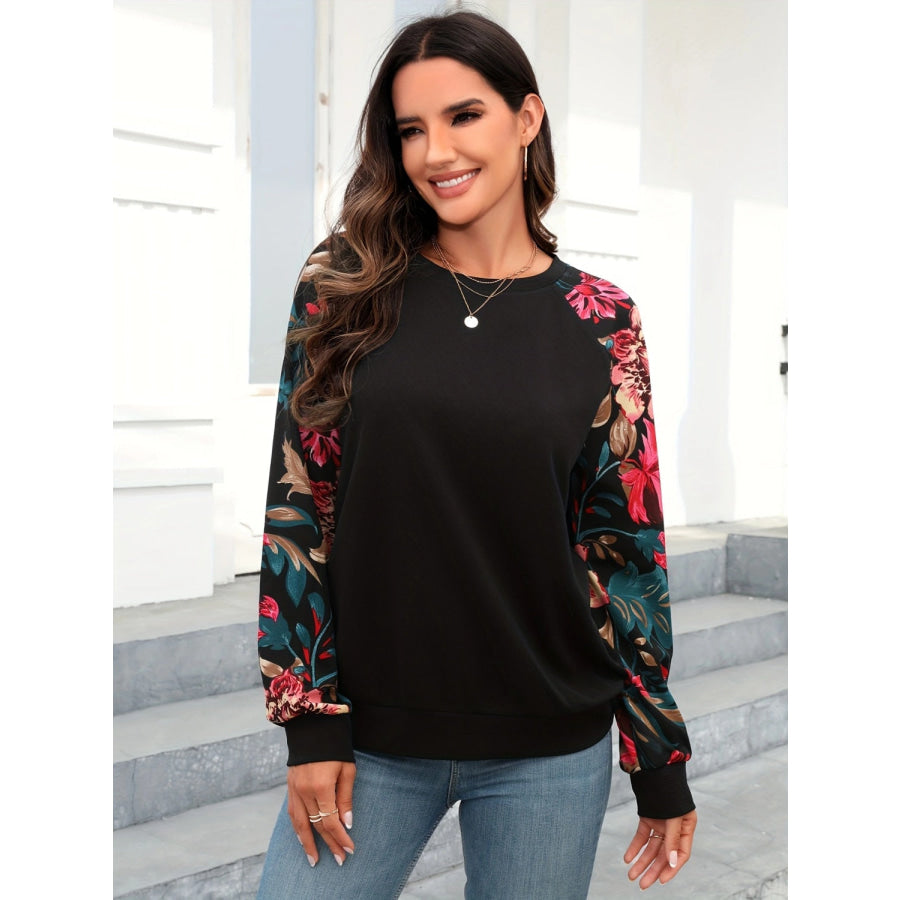 Floral Round Neck Long Sleeve Top Black / S Apparel and Accessories