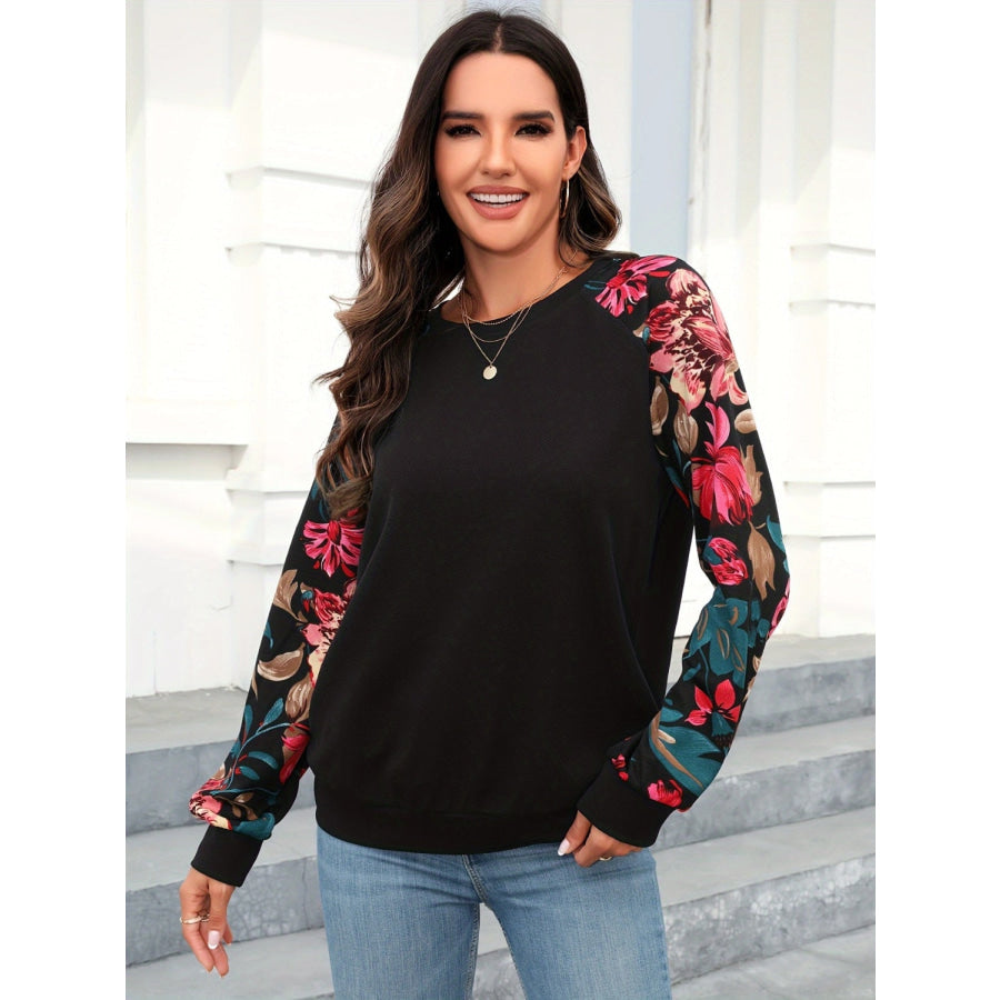 Floral Round Neck Long Sleeve Top Black / S Apparel and Accessories