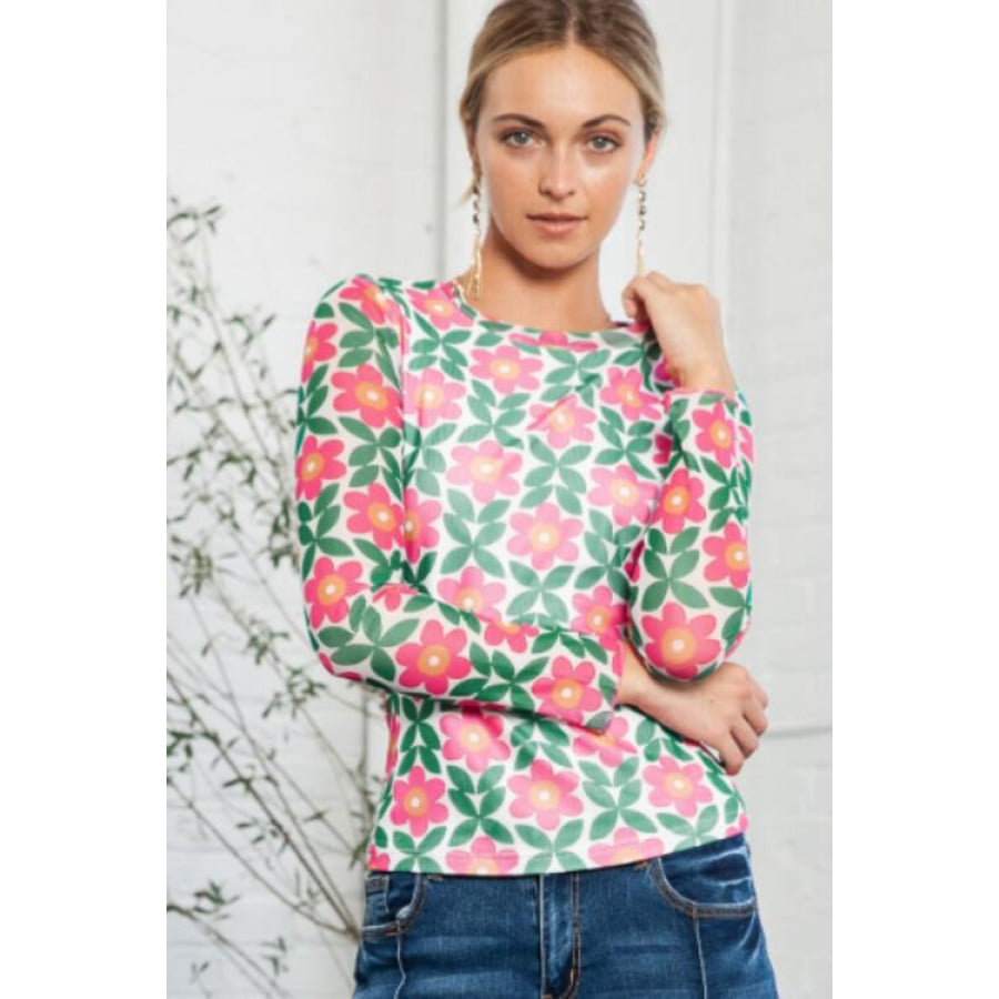 Floral Round Neck Long Sleeve Top Multicolor / S
