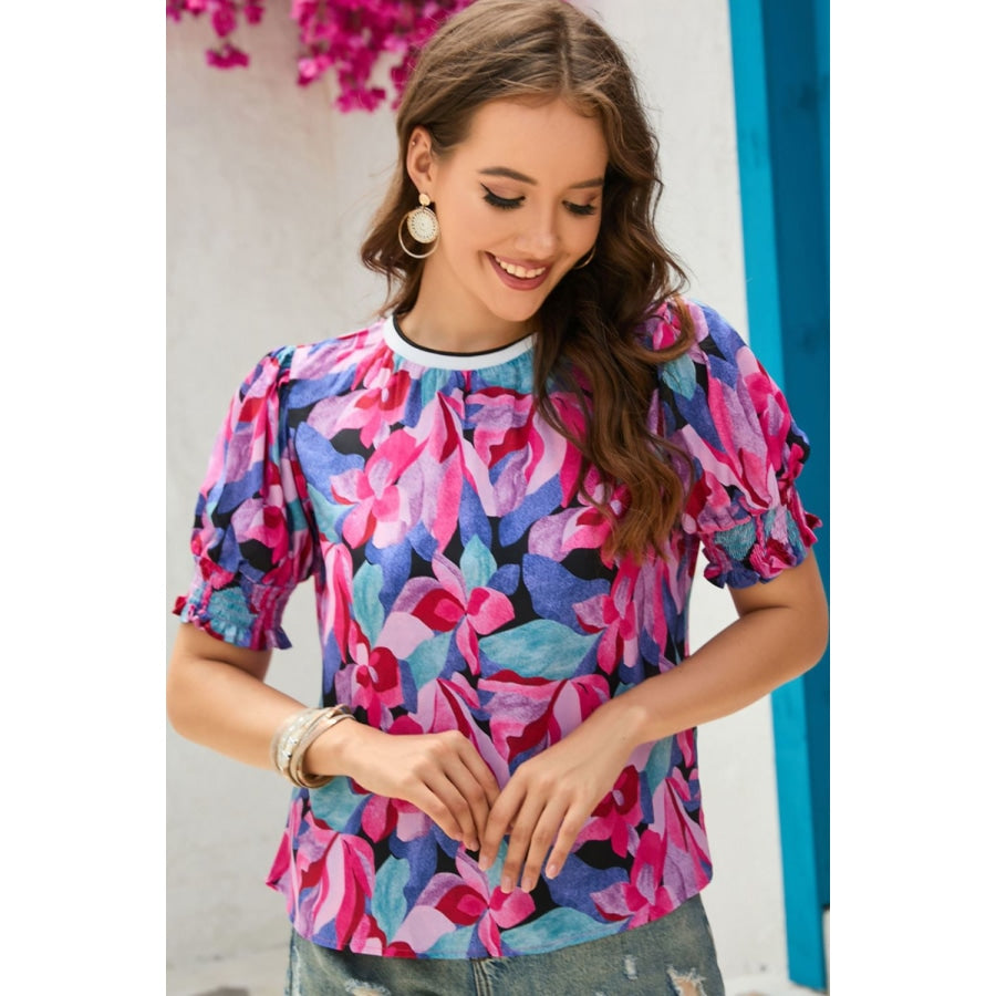 Floral Round Neck Puff Sleeve Top Floral / S