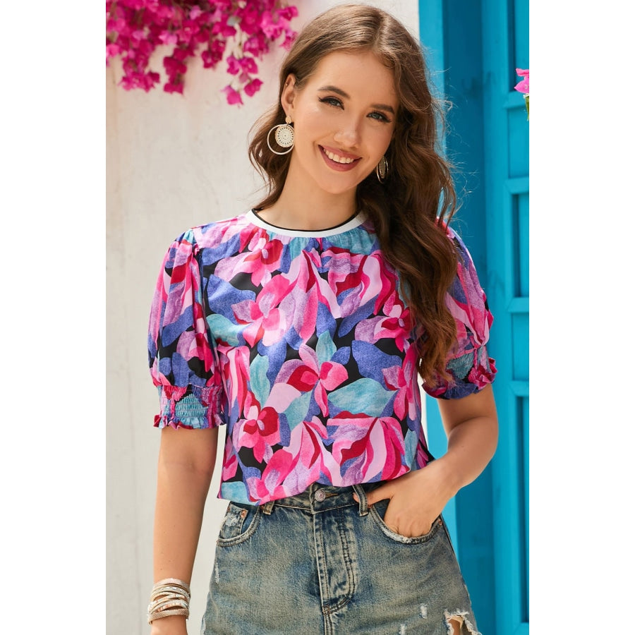 Floral Round Neck Puff Sleeve Top