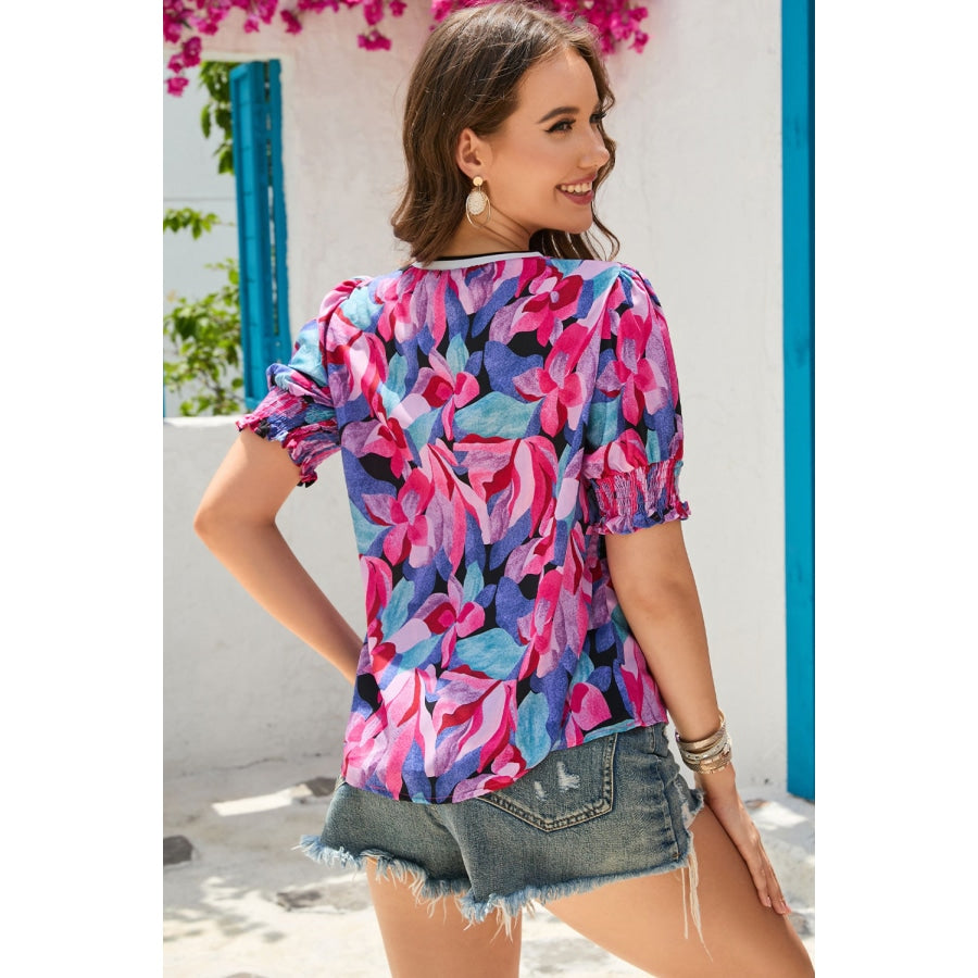 Floral Round Neck Puff Sleeve Top Floral / S