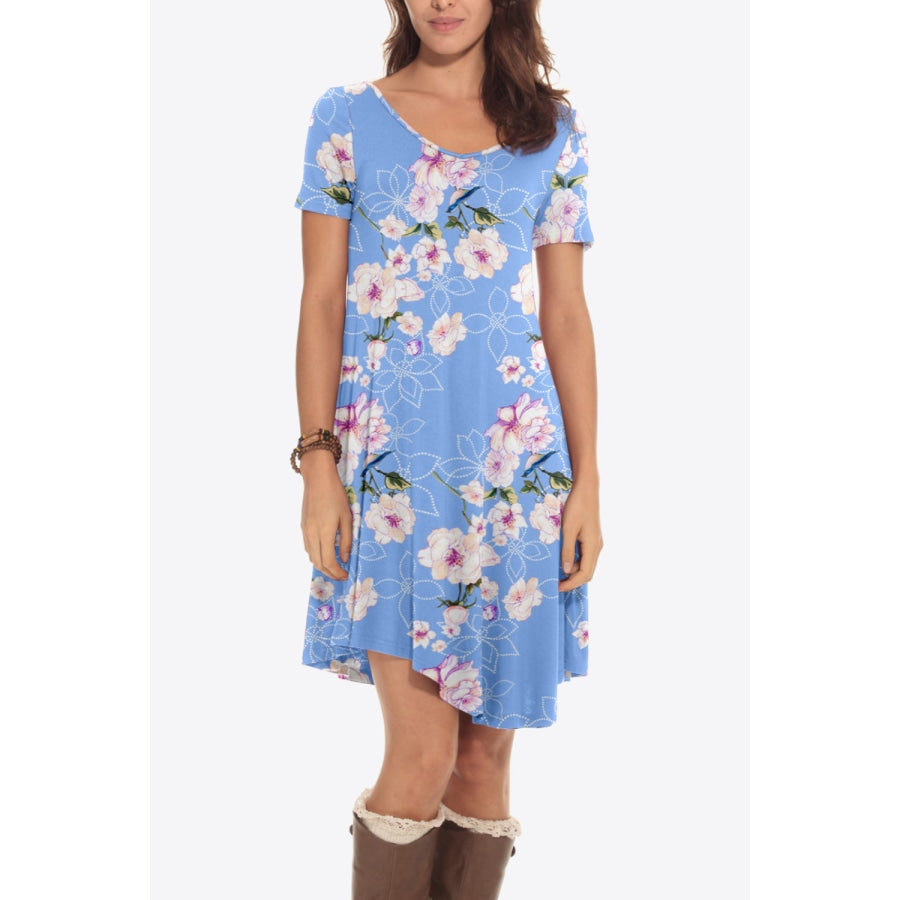 Floral Round Neck Short Sleeve Dress Sky Blue / S