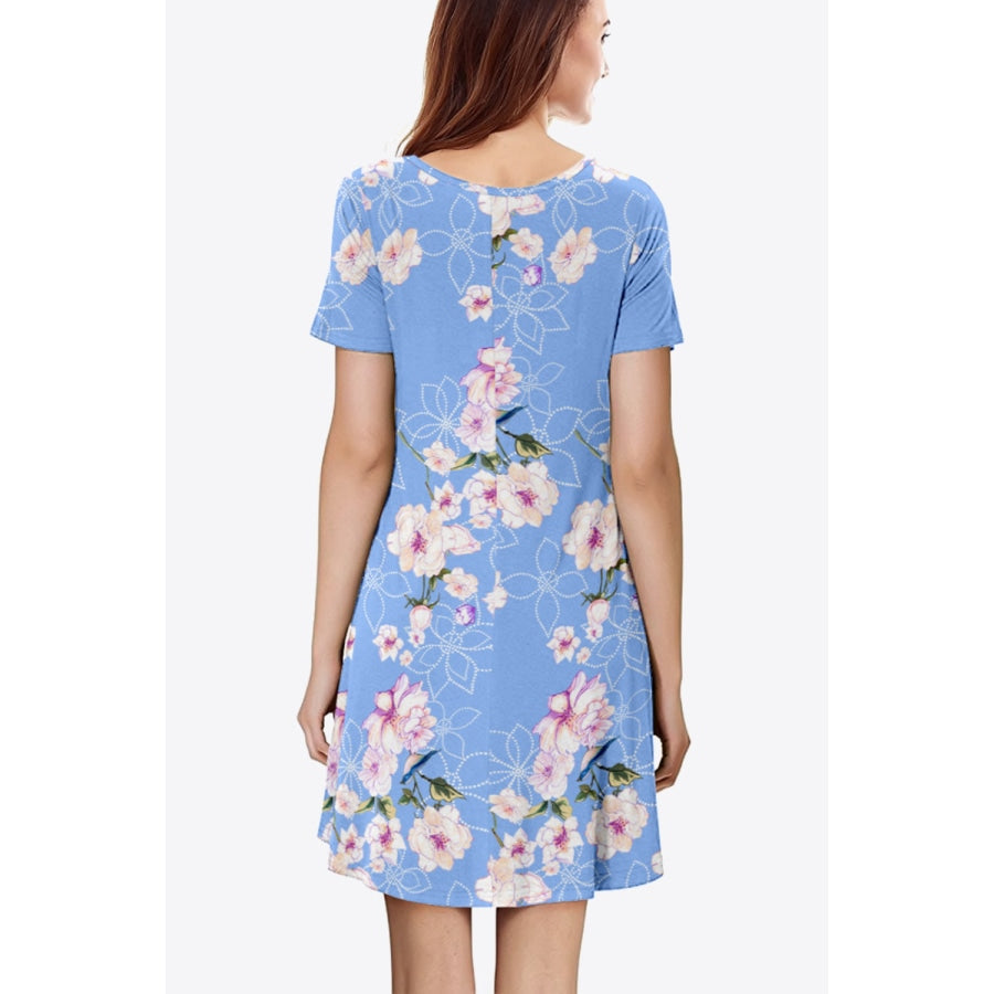 Floral Round Neck Short Sleeve Dress Sky Blue / S