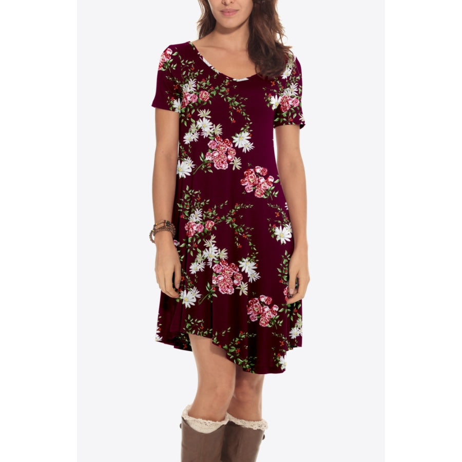 Floral Round Neck Short Sleeve Dress Wine / S