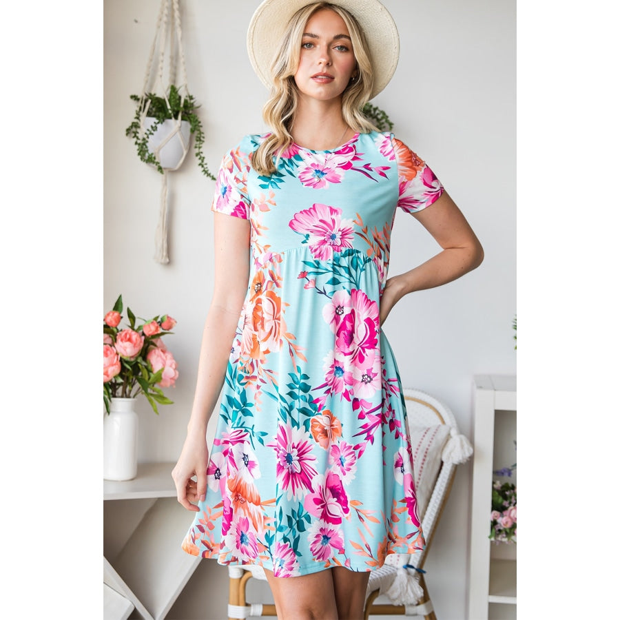 Floral Round Neck Short Sleeve Mini Dress Floral / S