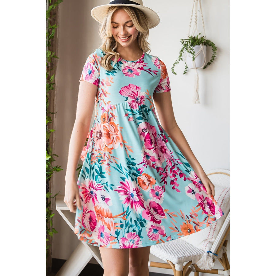 Floral Round Neck Short Sleeve Mini Dress