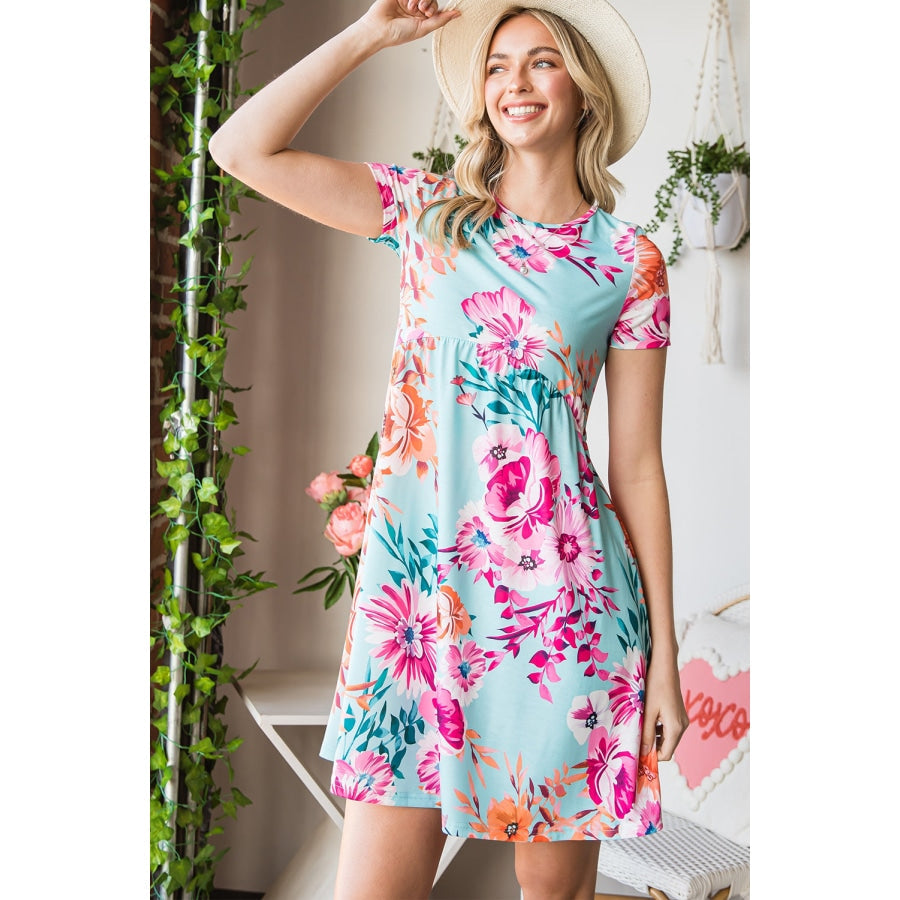 Floral Round Neck Short Sleeve Mini Dress