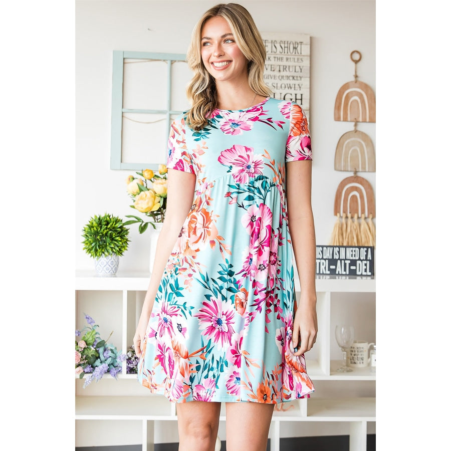 Floral Round Neck Short Sleeve Mini Dress