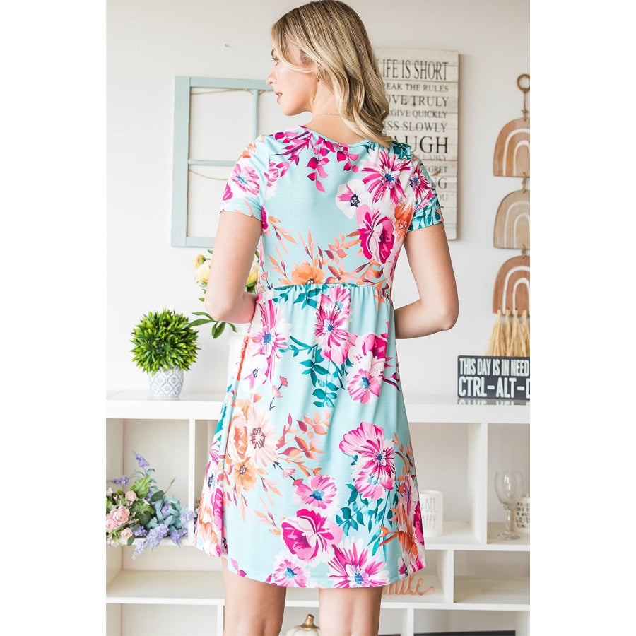 Floral Round Neck Short Sleeve Mini Dress