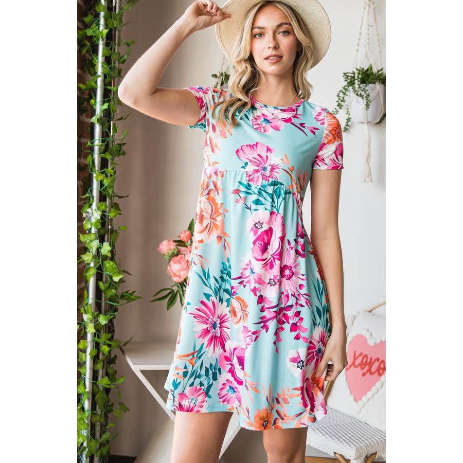 Floral Round Neck Short Sleeve Mini Dress