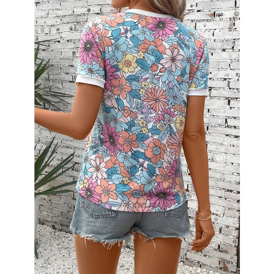 Floral Round Neck Short Sleeve T-Shirt Apparel and Accessories