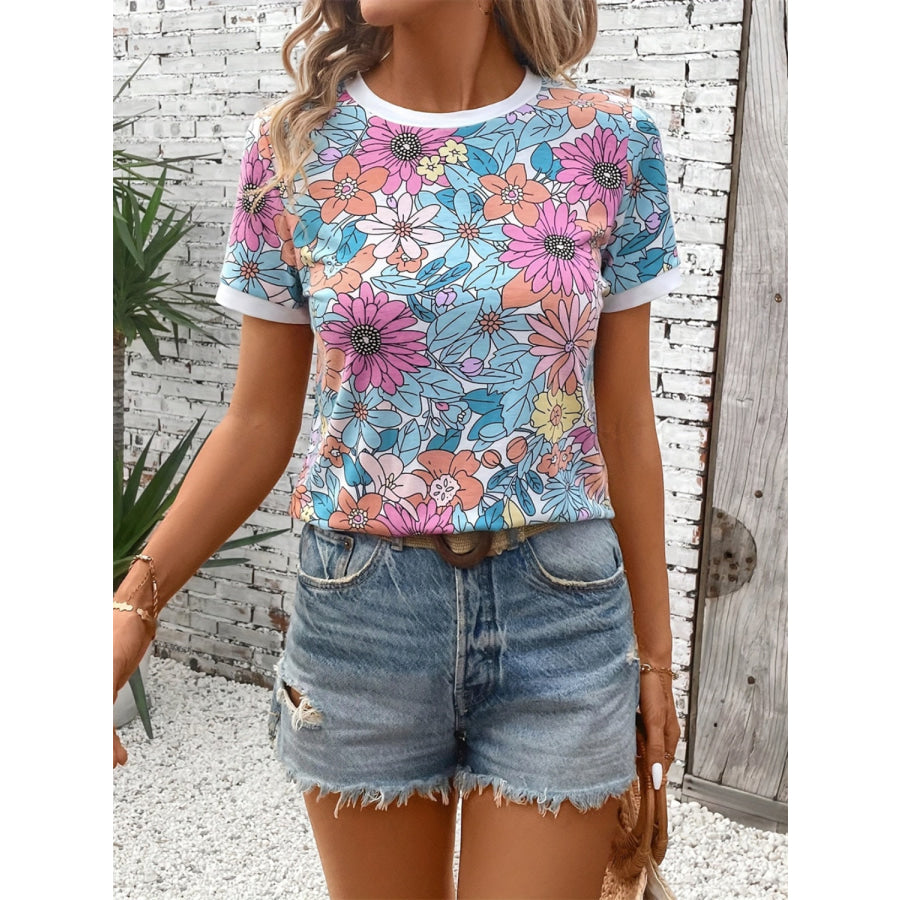 Floral Round Neck Short Sleeve T-Shirt Apparel and Accessories