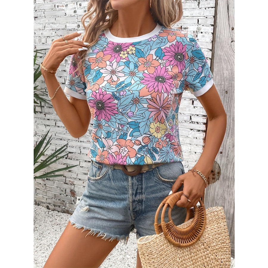 Floral Round Neck Short Sleeve T-Shirt Apparel and Accessories