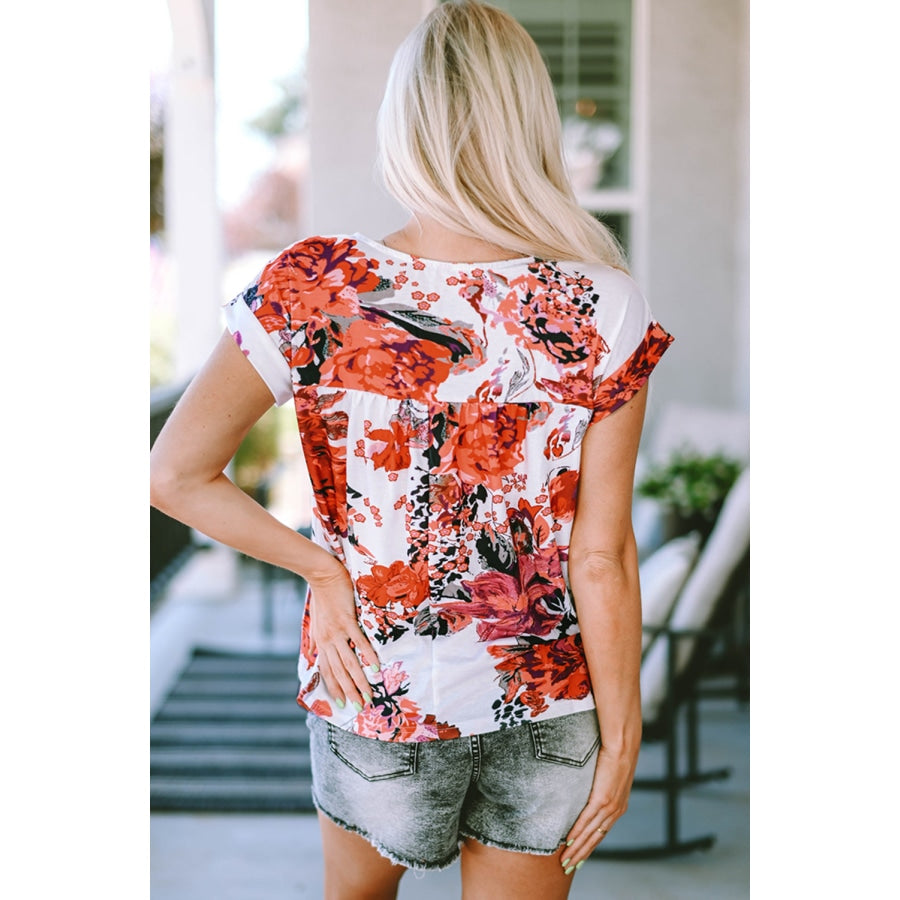 Floral Round Neck Short Sleeve Top White / S