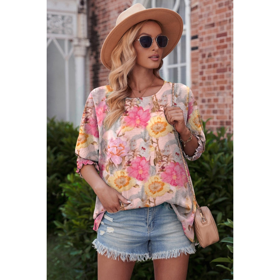 Floral Round Neck Three-Quarter Sleeve Top Dusty Pink / S