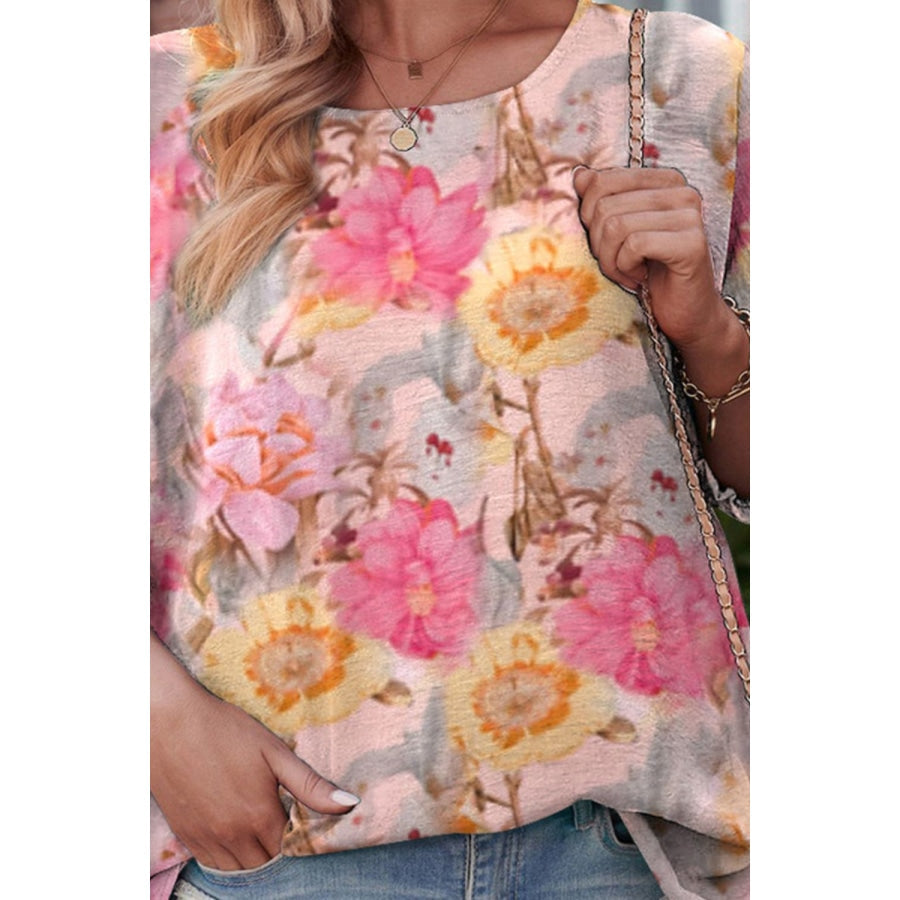 Floral Round Neck Three-Quarter Sleeve Top