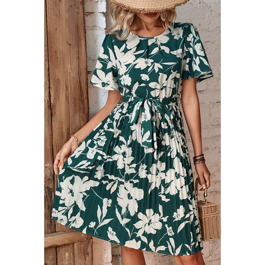 Floral Round Neck Tie Belt Pleated Dress Forest / S