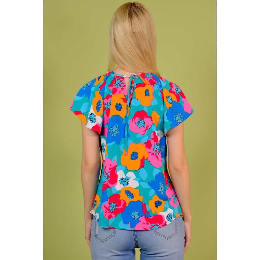 Floral Round Neck Tied Blouse