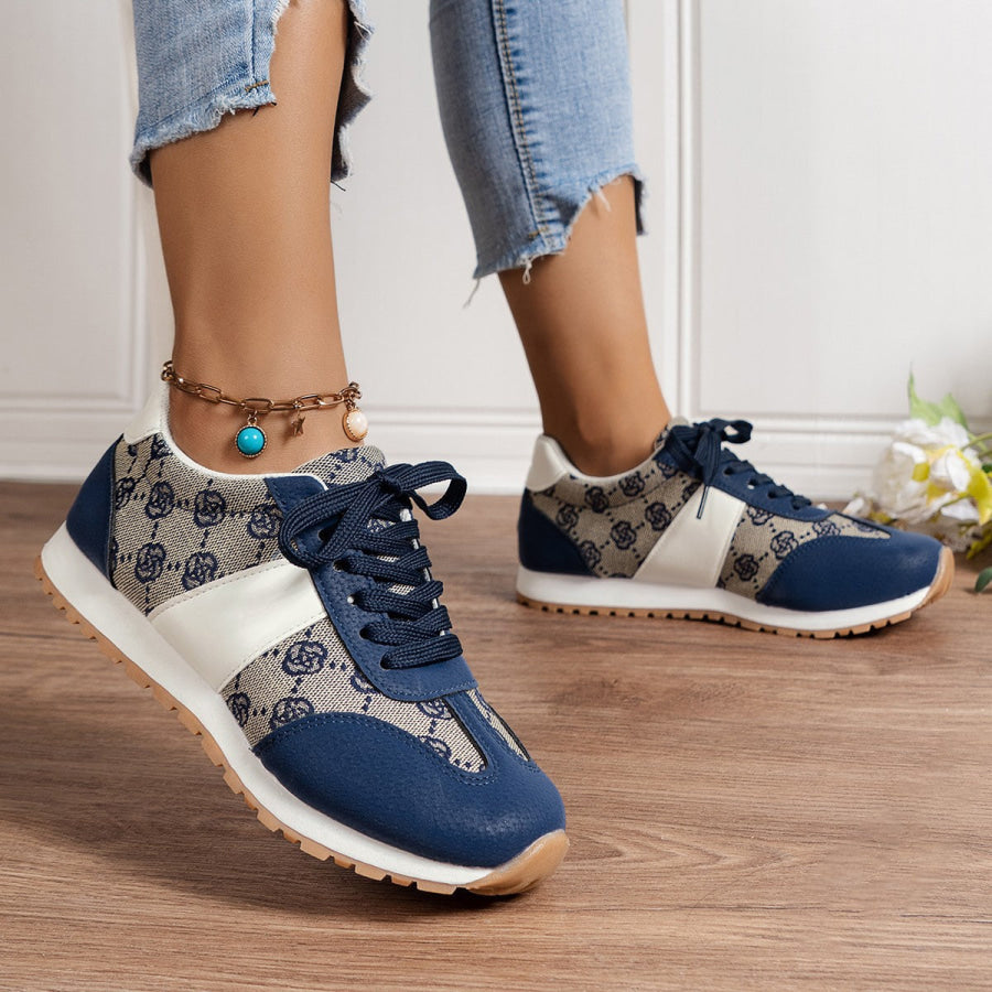 Floral Round Toe Flat Sneakers Blue / 36(US5) Apparel and Accessories