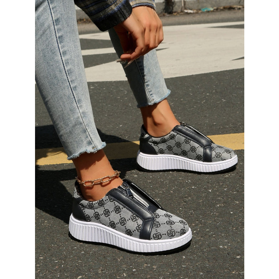 Floral Round Toe Sneakers with Zip Gray / 36(US5) Apparel and Accessories