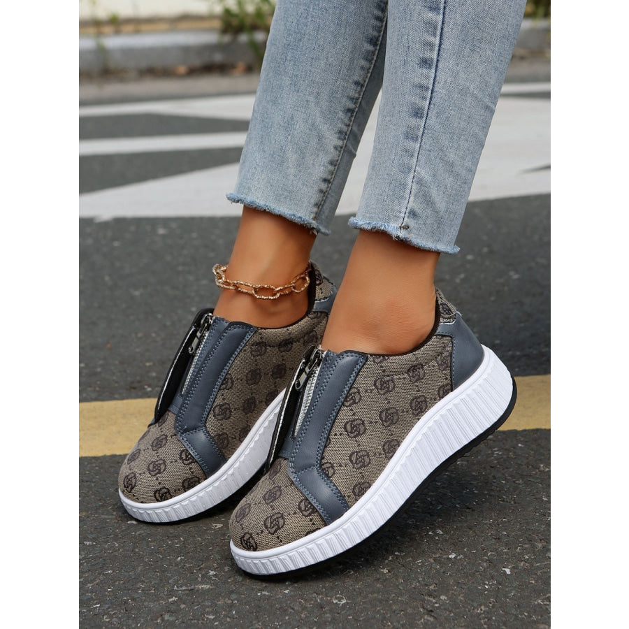 Floral Round Toe Sneakers with Zip Olive Brown / 36(US5) Apparel and Accessories