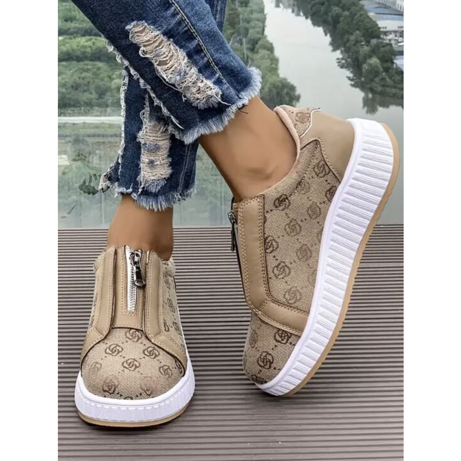 Floral Round Toe Sneakers with Zip Tan / 36(US5) Apparel and Accessories