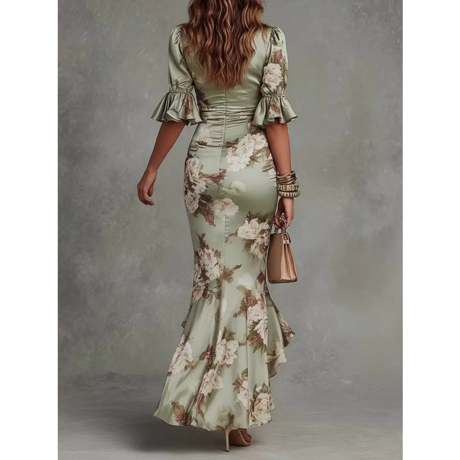 Floral Ruched High-Low Midi Dress Apparel and Accessories