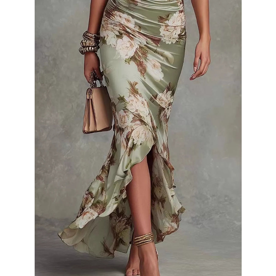 Floral Ruched High-Low Midi Dress Apparel and Accessories
