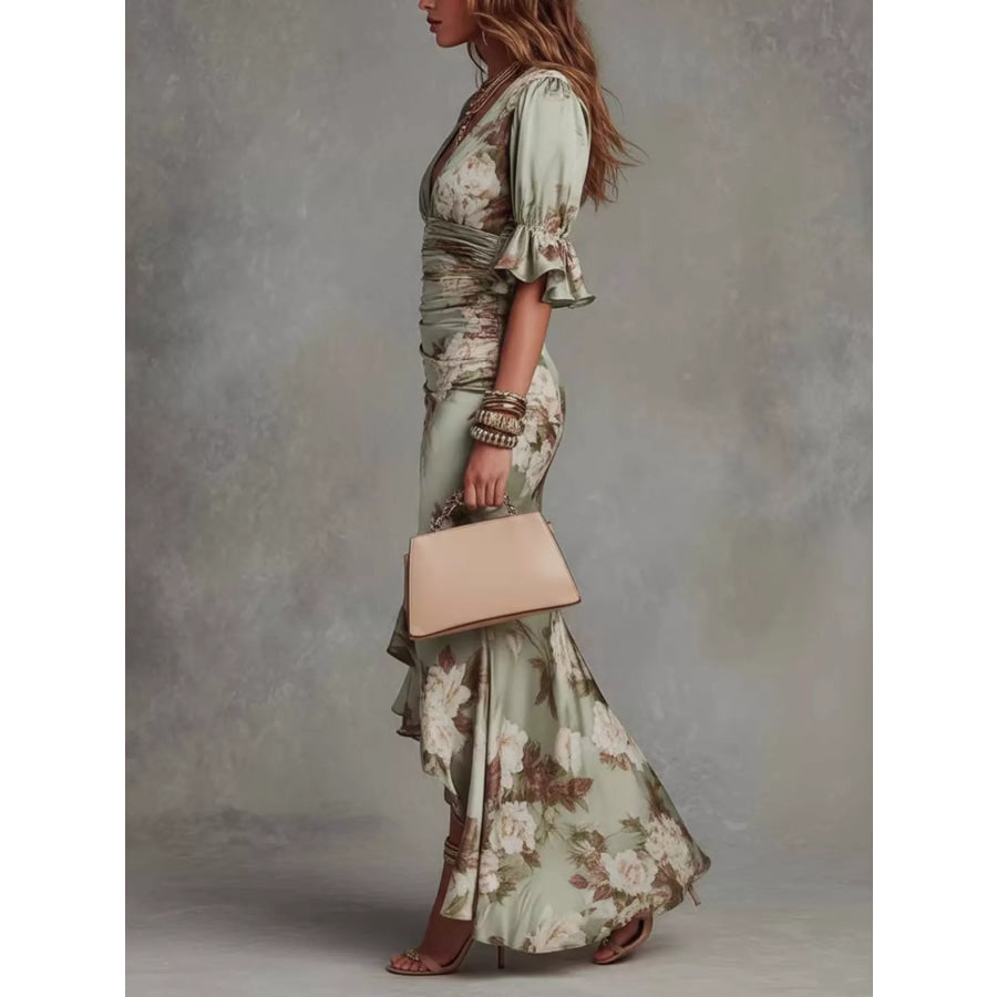 Floral Ruched High-Low Midi Dress Apparel and Accessories