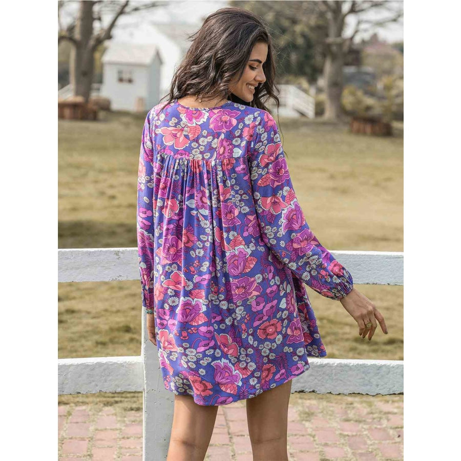 Floral Ruched V-Neck Long Sleeve Dress