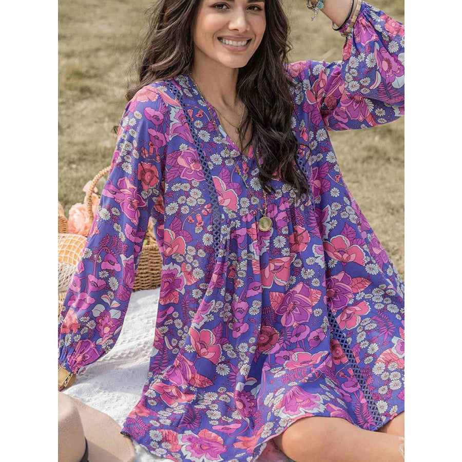 Floral Ruched V-Neck Long Sleeve Dress