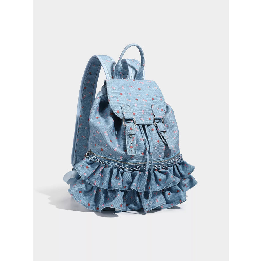 Floral Ruffle Backpack Bag Blue / One Size Apparel and Accessories