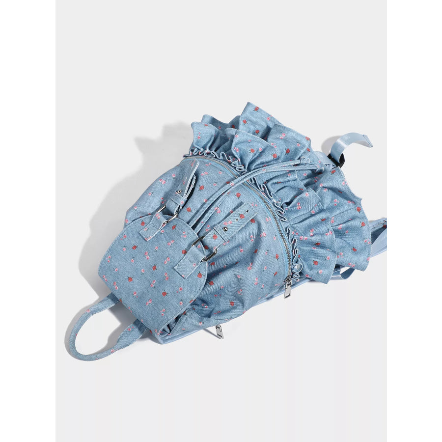 Floral Ruffle Backpack Bag Blue / One Size Apparel and Accessories