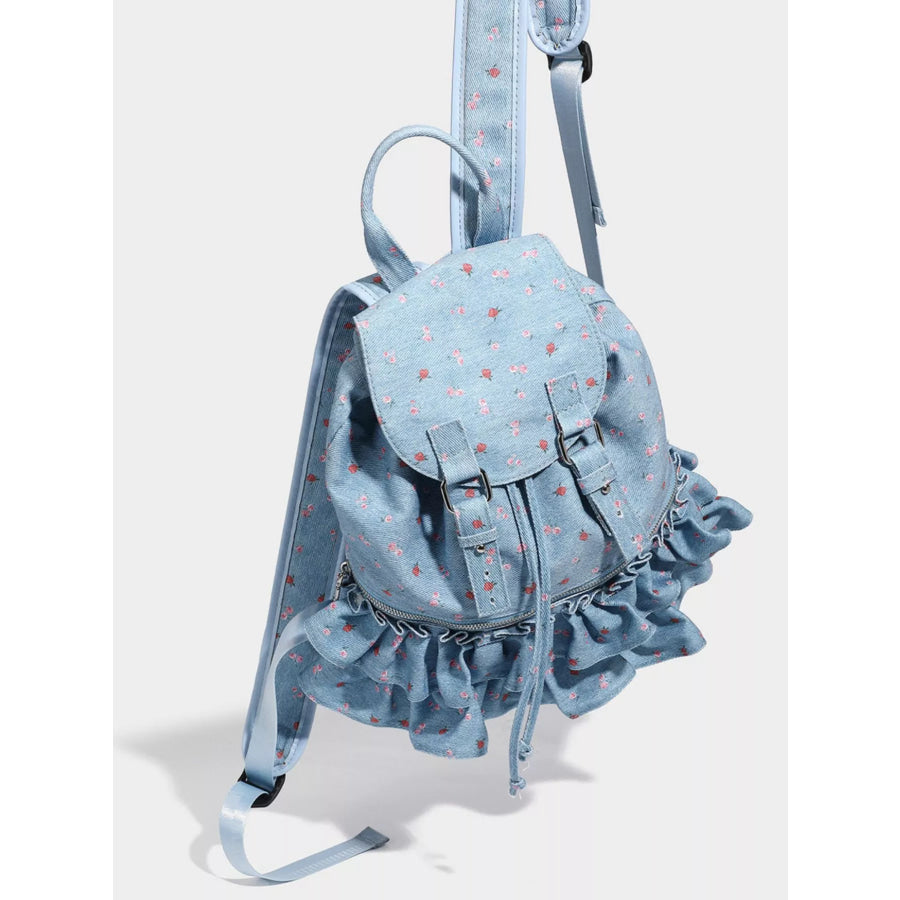 Floral Ruffle Backpack Bag Blue / One Size Apparel and Accessories