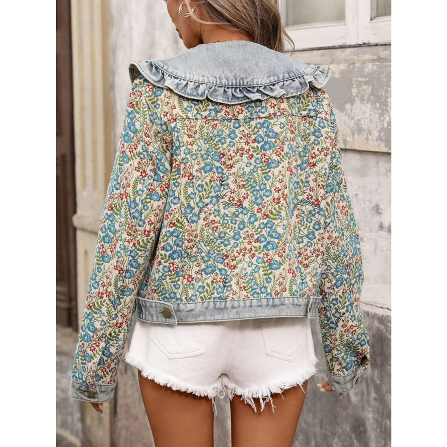 Floral Ruffle Collar Denim Jacket Apparel and Accessories
