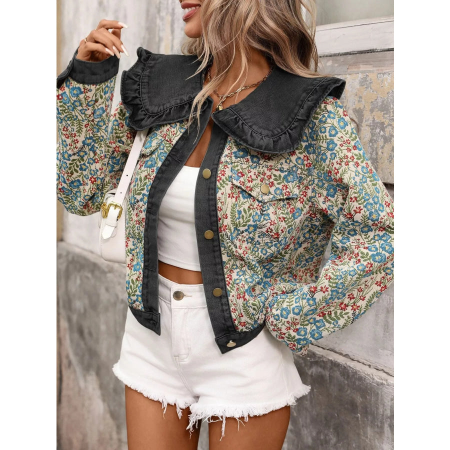 Floral Ruffle Collar Denim Jacket Apparel and Accessories