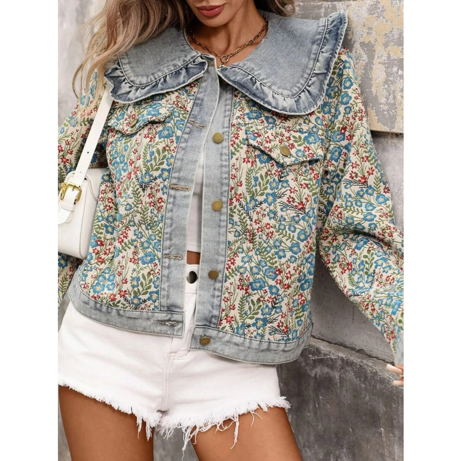 Floral Ruffle Collar Denim Jacket Apparel and Accessories