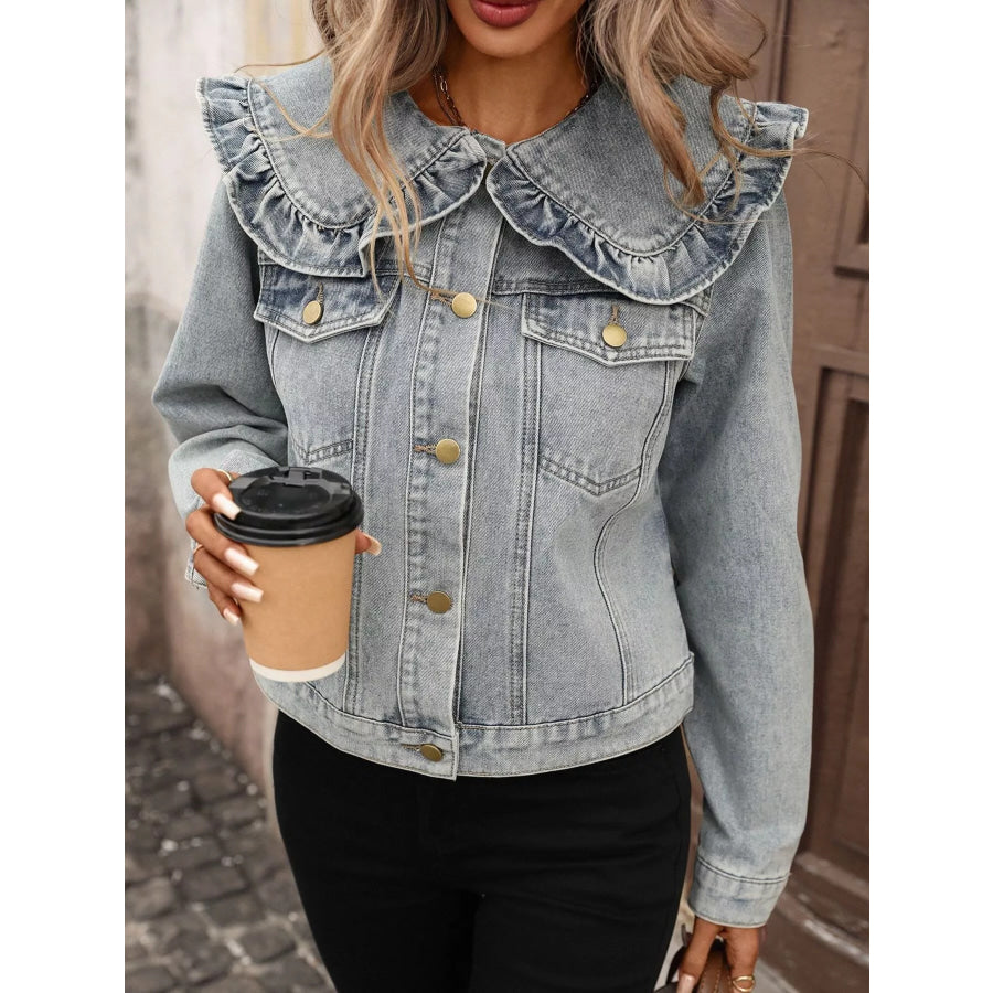 Floral Ruffle Collar Denim Jacket Apparel and Accessories