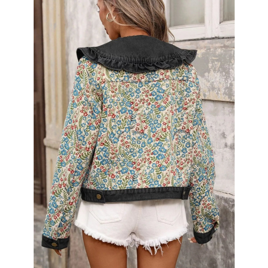 Floral Ruffle Collar Denim Jacket Apparel and Accessories