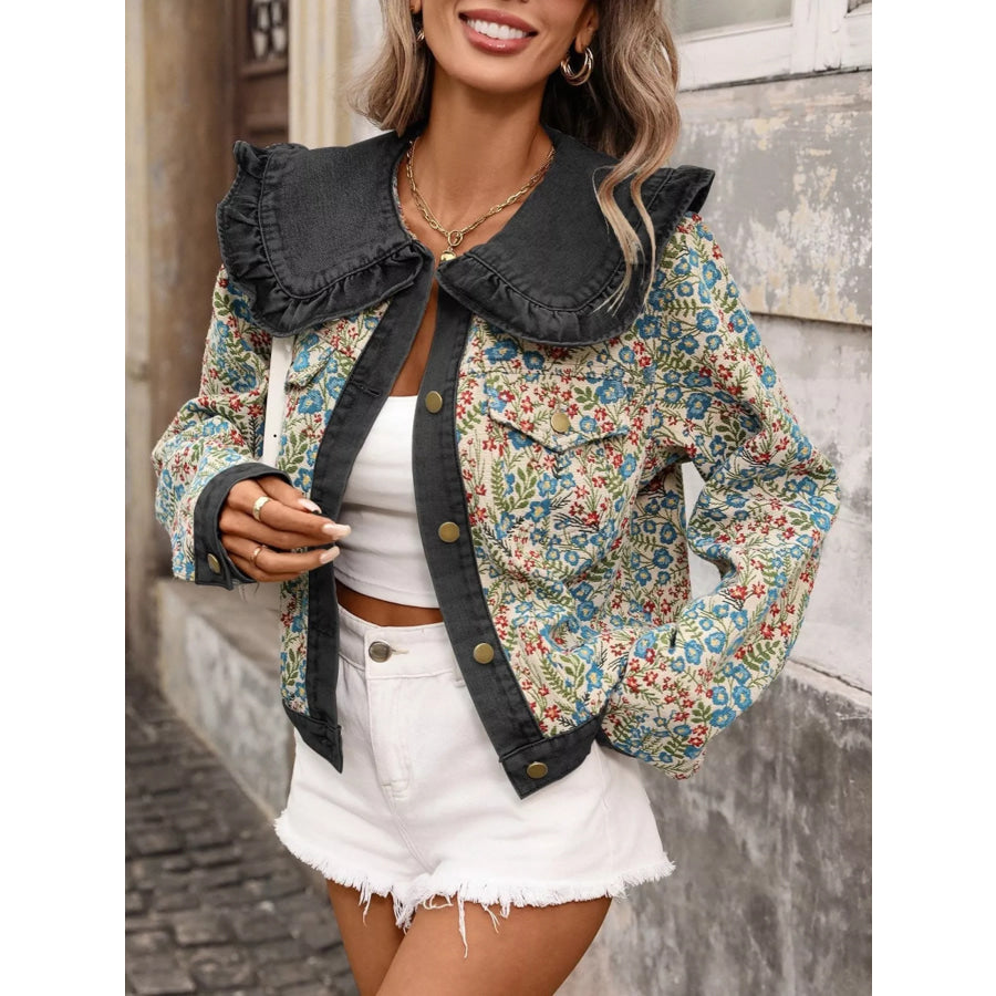 Floral Ruffle Collar Denim Jacket Black / S Apparel and Accessories