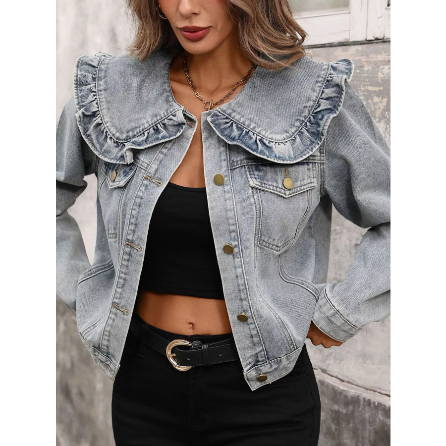 Floral Ruffle Collar Denim Jacket Light / S Apparel and Accessories