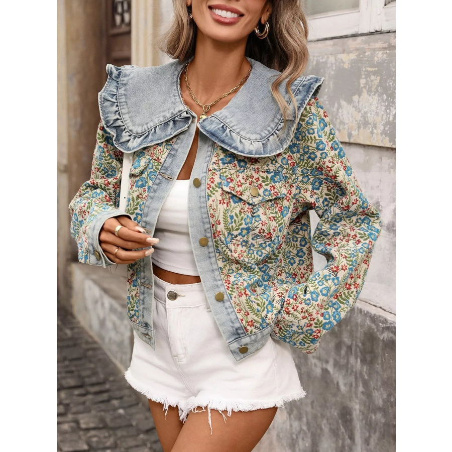 Floral Ruffle Collar Denim Jacket Floral / S Apparel and Accessories