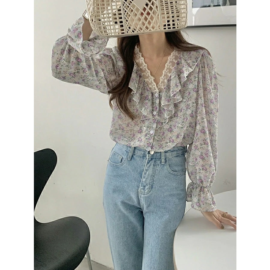 Floral Ruffle Lace Trim V-Neck Shirt Apparel and Accessories