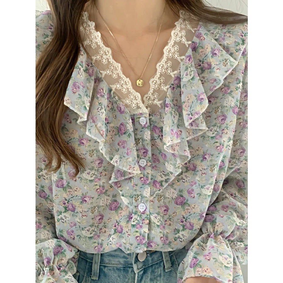 Floral Ruffle Lace Trim V-Neck Shirt Apparel and Accessories