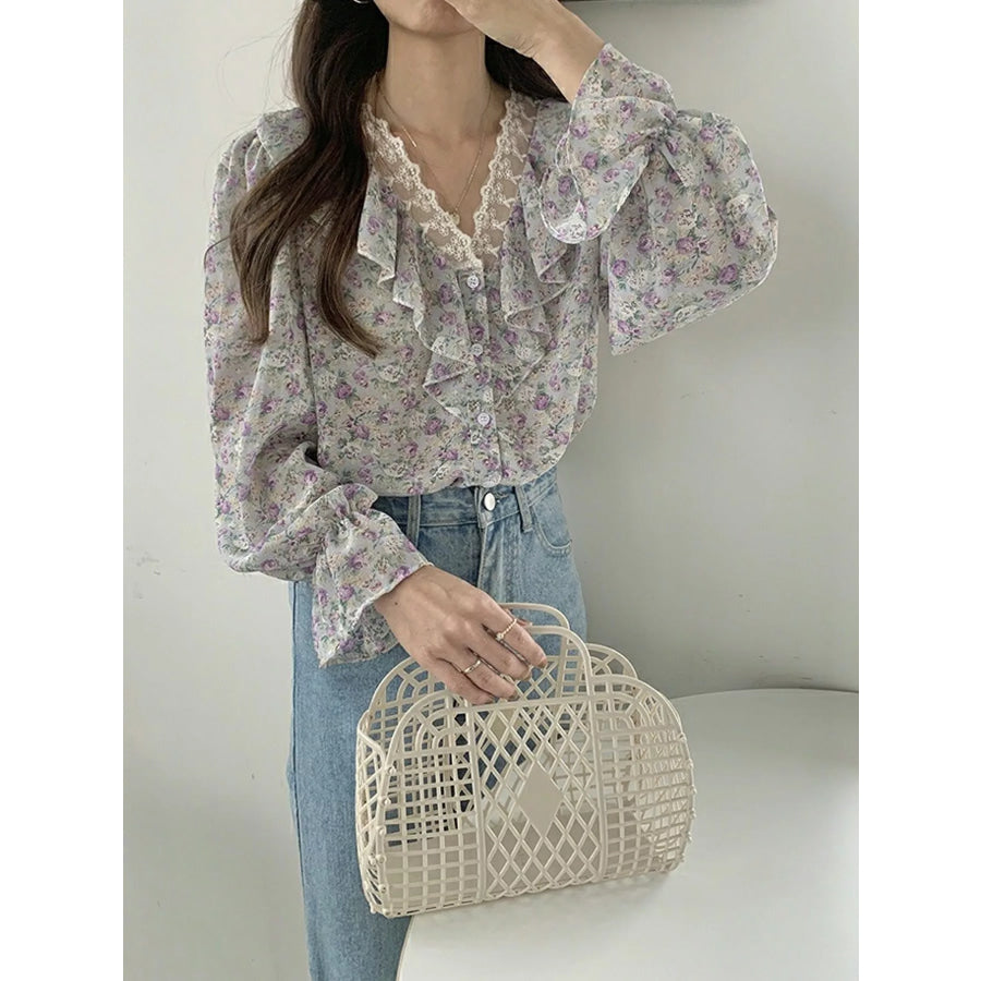 Floral Ruffle Lace Trim V-Neck Shirt Apparel and Accessories
